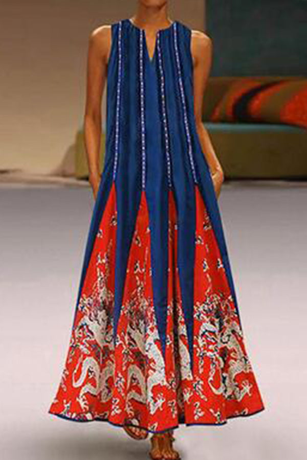 Print Pockets Loose Maxi Dress