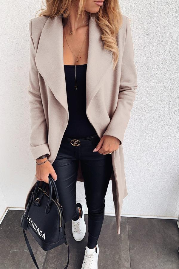 FASHION SOLID COLOR CASUAL TURNDOWN COLLAR LONG COAT