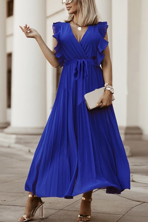 Fashion V Neck Solid Color Slim Ruffle Smocked Dress