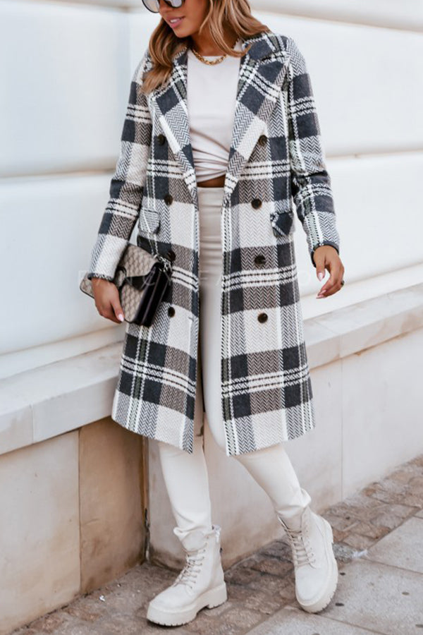 Plaid Print Long Sleeve Buttoned Pea Coat