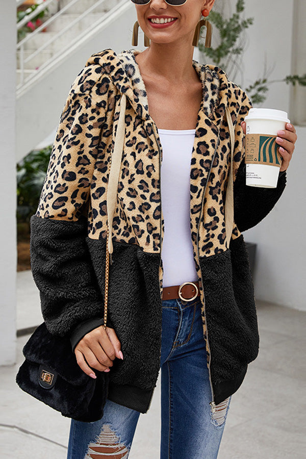 Leopard Patchwork Hooded Plush Coat