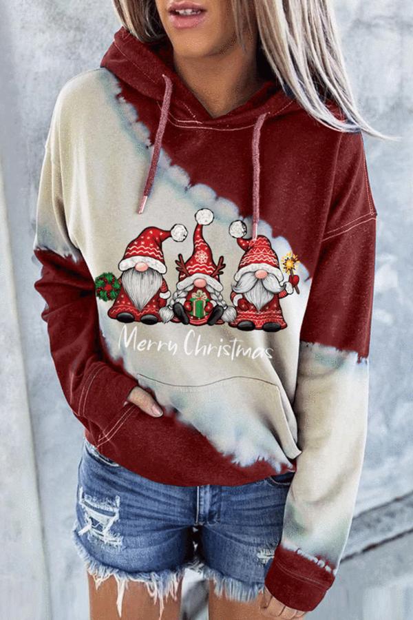 Santa Claus Print Color Block Hoodie (Red)
