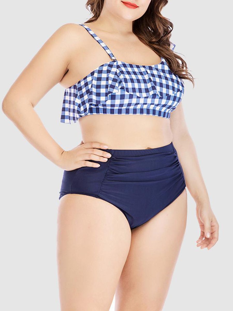 Plaid Print Flap Over Flounce Design BlueTankini