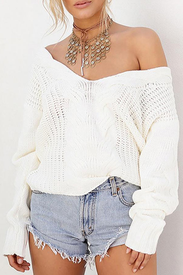 Long Sleeve Hollow Out Knit V-Neck Sweater