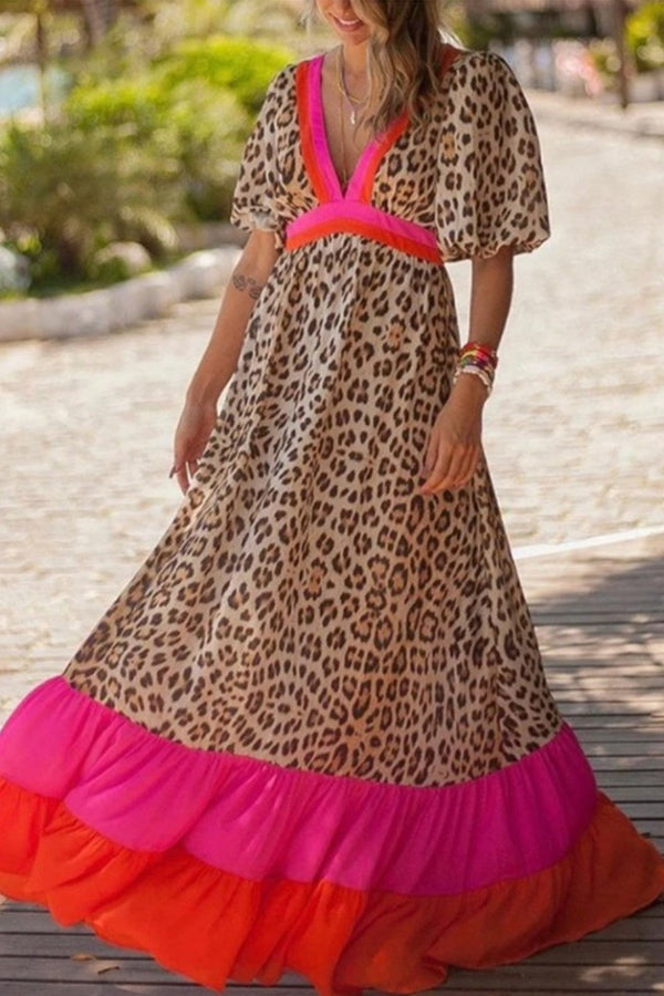 Deep V-Neck Leopard Color Block Maxi Dress