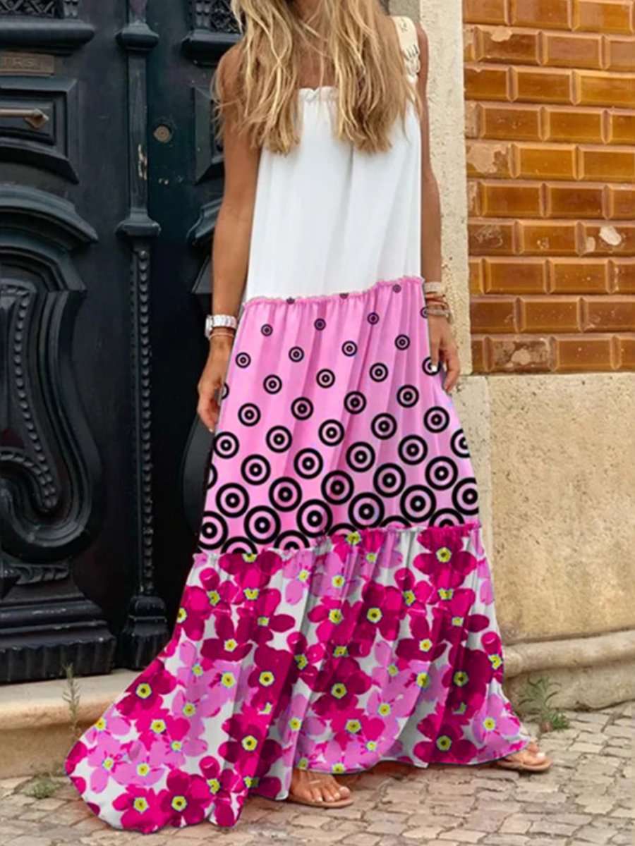 Casual Straps Dot Flower Print Colorblock Maxi Dress