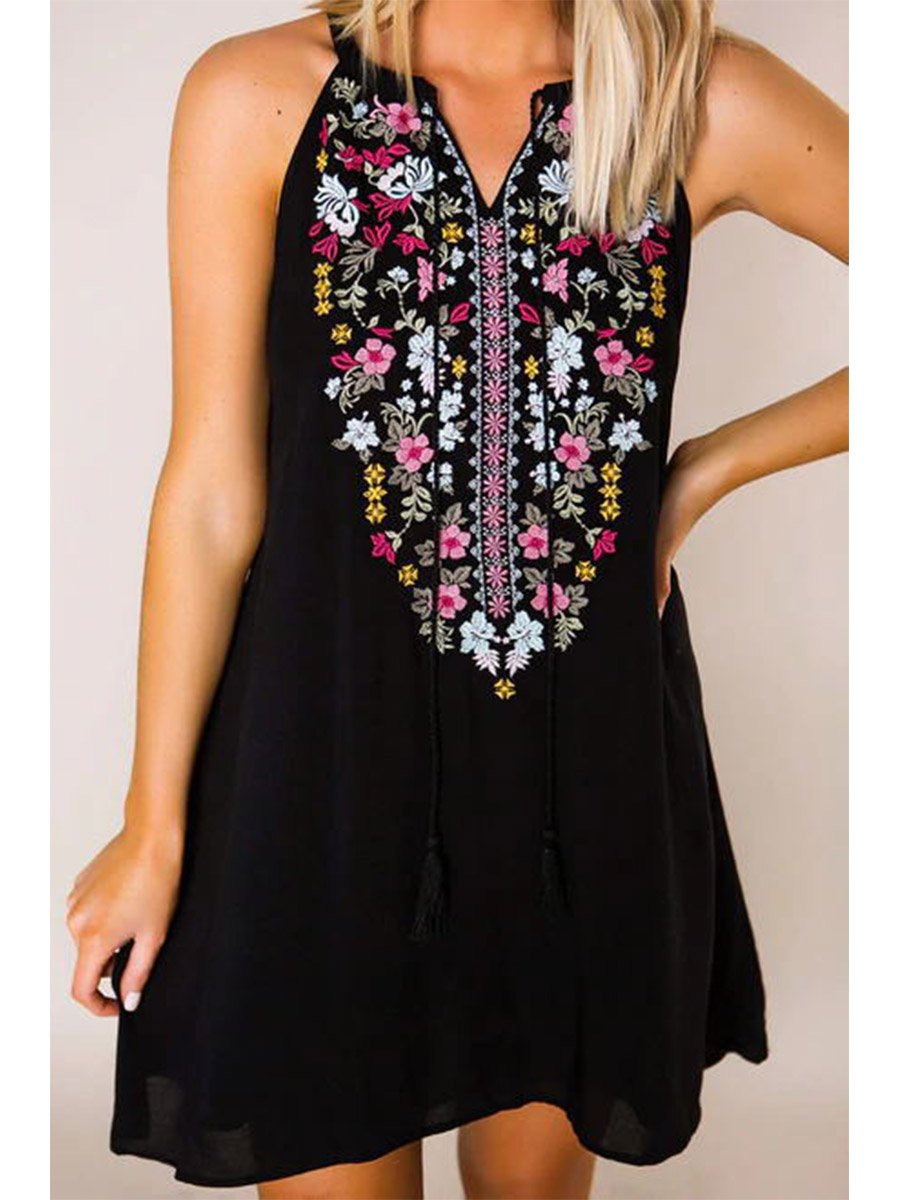 Stylish Sleeveless Lace-up Floral Print Dress