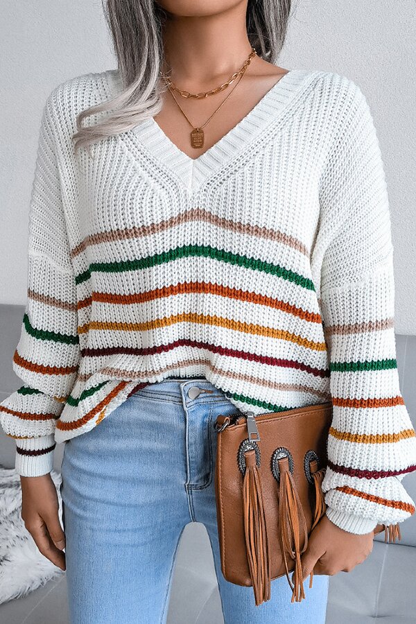 Rainbow Stripes Casual Loose V-neck Sweater