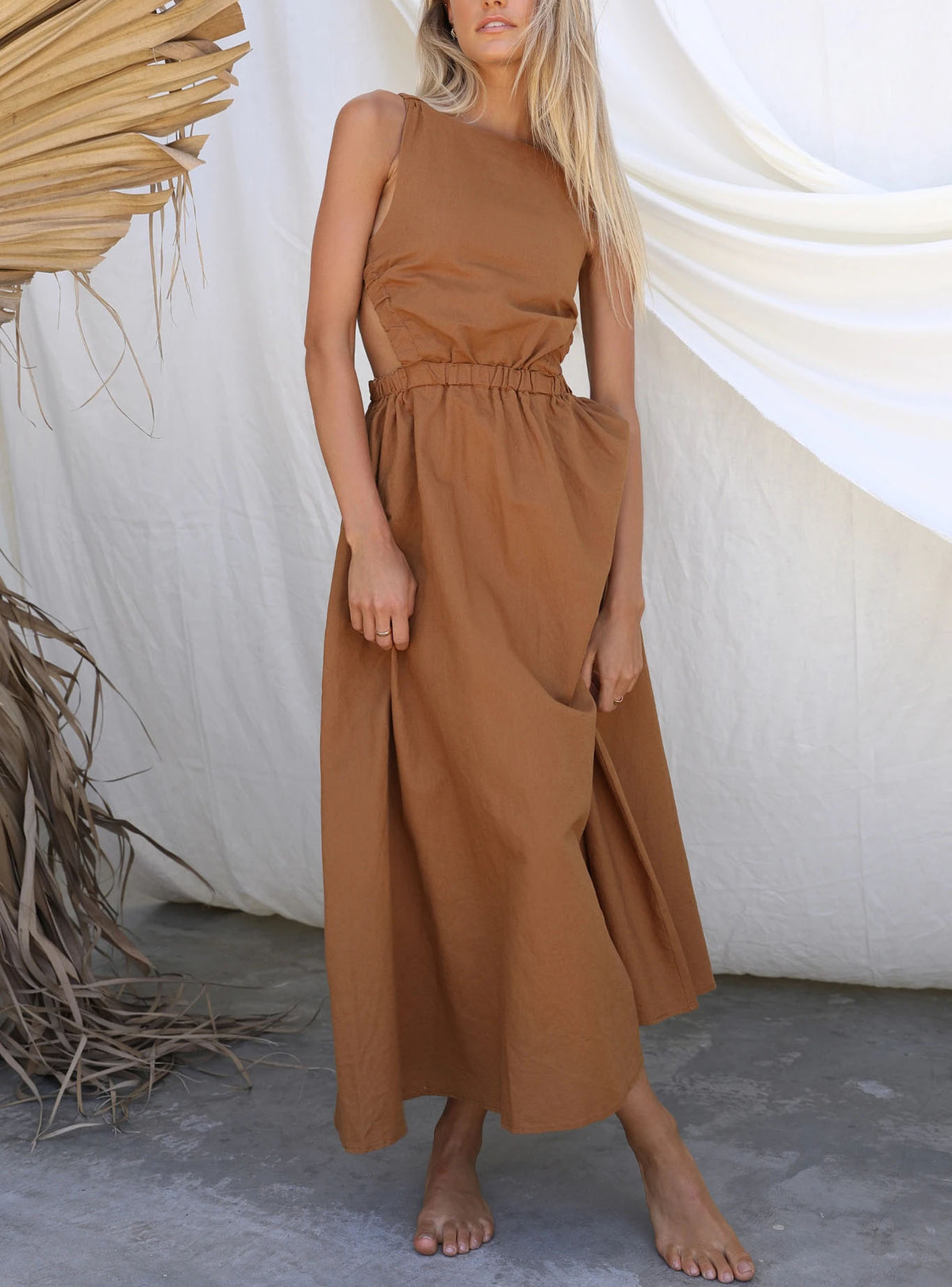 Backless Solid Color Sexy Cotton Linen Dress