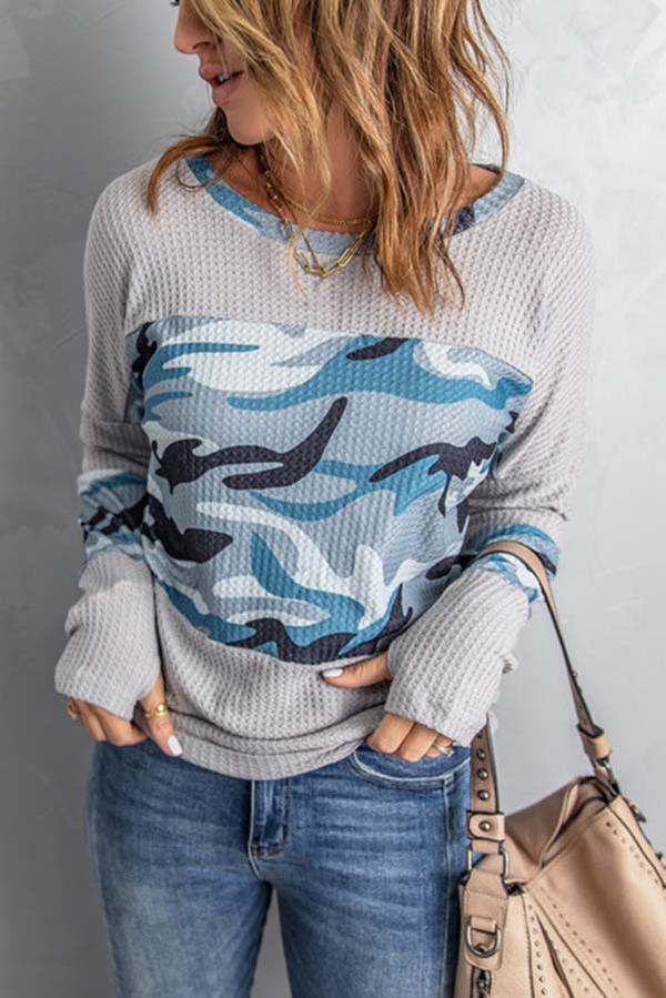 Print Splicing Waffle Knit Top
