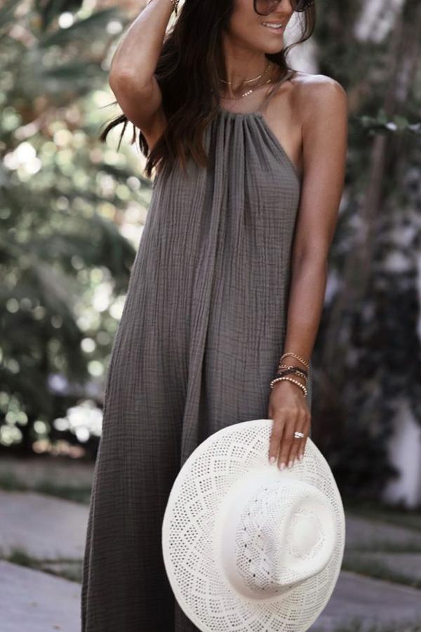 Pure Color Cotton And Linen Halterneck Dress