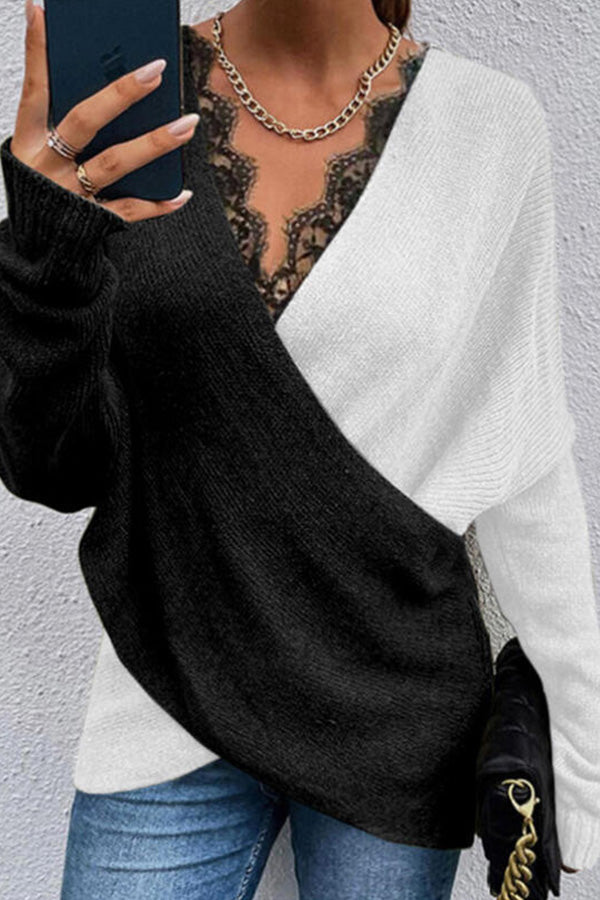 Color Block Lace V-Neck Sweaters