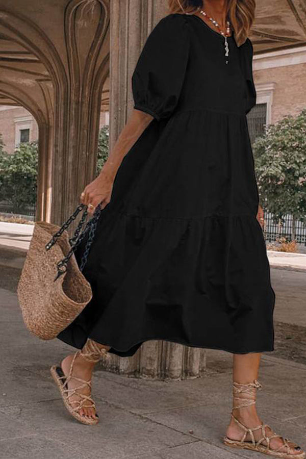 Vacation Puff Sleeve Solid Color Dress