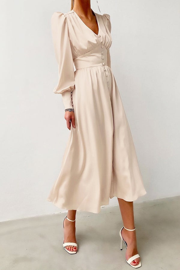 V-neck Lantern Sleeve Waist Slim Vintage Dress