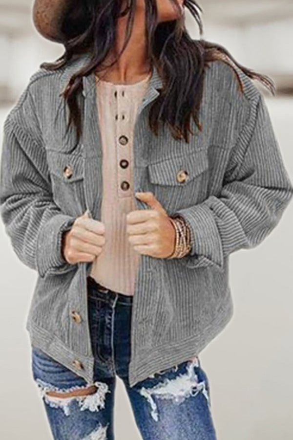 Pocket Button Design Long Sleeve Corduroy Shacket