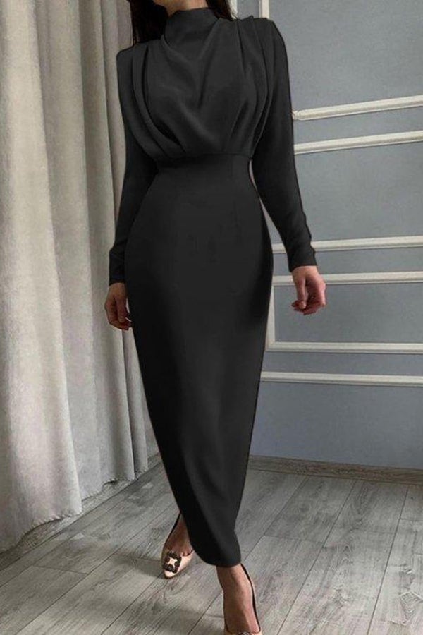 Fashiona Elegant Waist Solid Color Long-sleeved Dress
