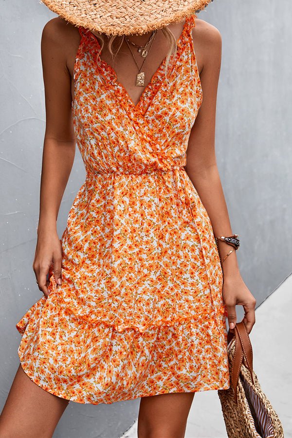 V-neck Ruffled Floral Slip Mini Dress