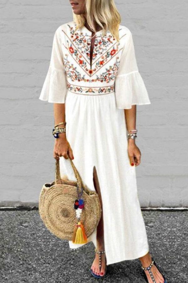 Pleated Front Slit Bell Sleeve Mexico Bohemian Beachwear Maxi Dress