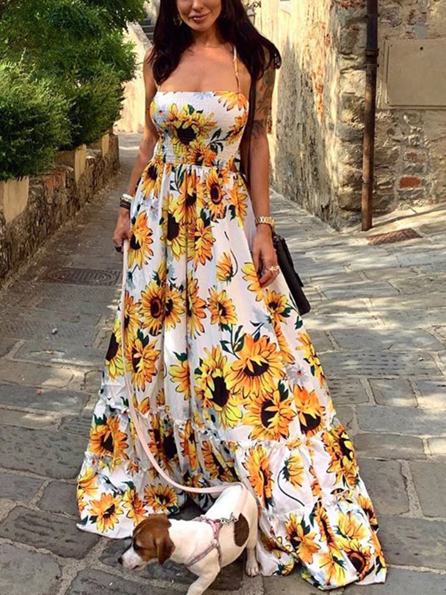 Open Back Print Bandage Maxi Dress