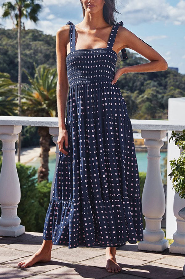 Fake Suspender Lace-up Printed Long Dress