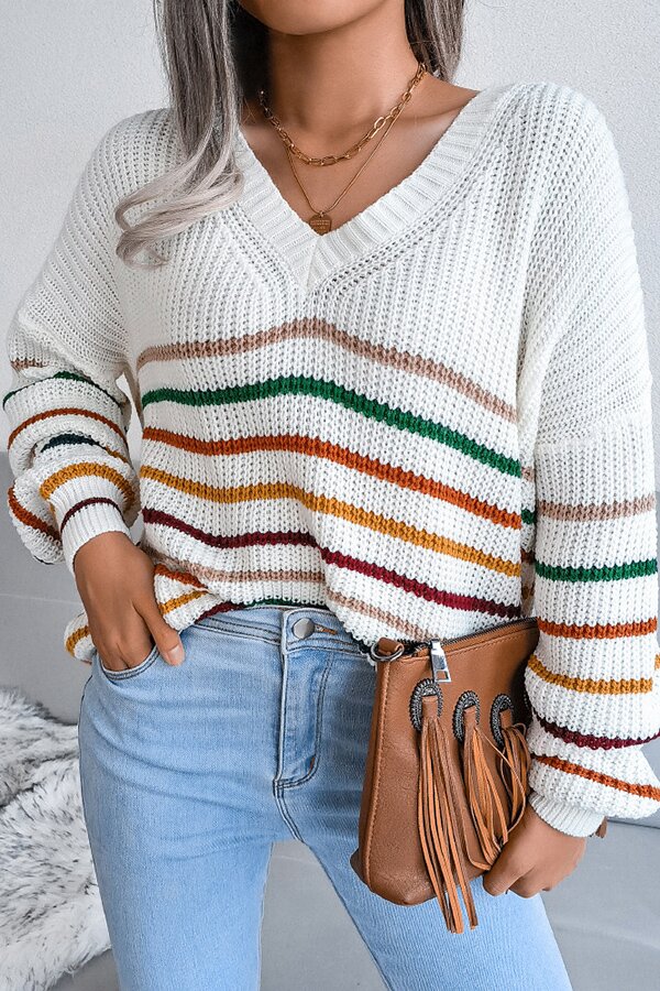 Rainbow Stripes Casual Loose V-neck Sweater