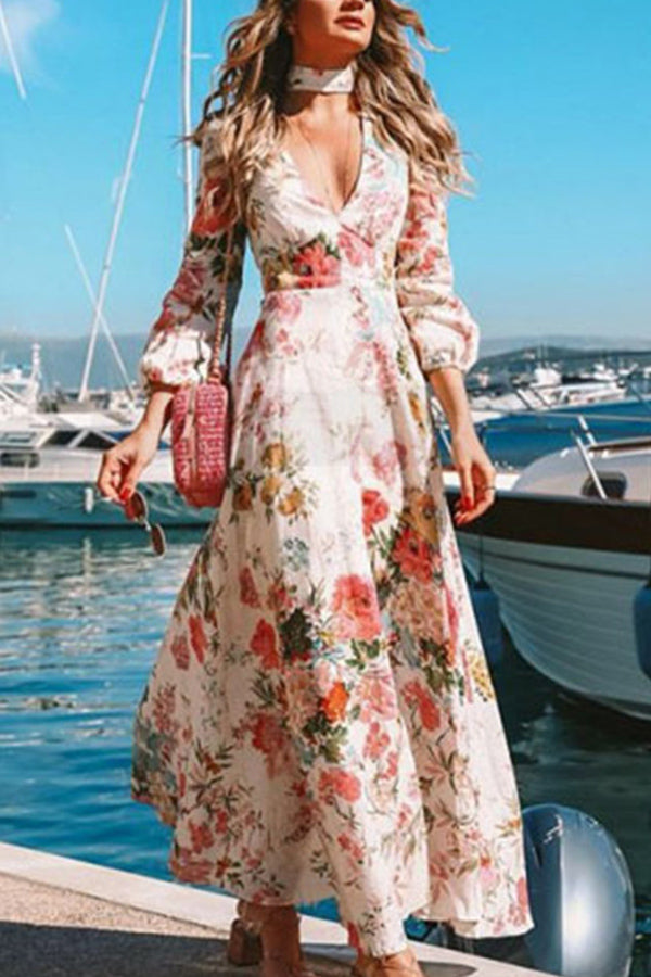 Deep V-neck Long Sleeve Printed Dress