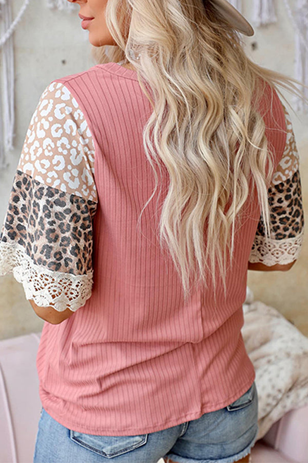 Leopard Lace Patchwork Pullover Round Collar Loose T