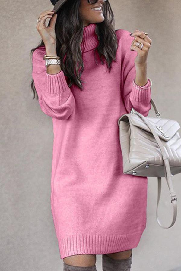 Solid Color Knitted Sweater Dress