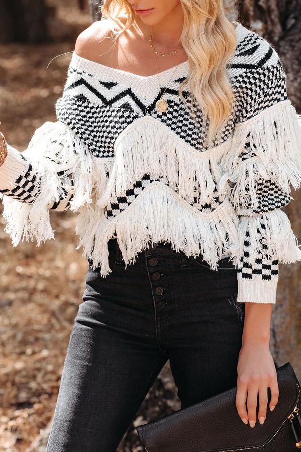 Fringed V-neck Sweater