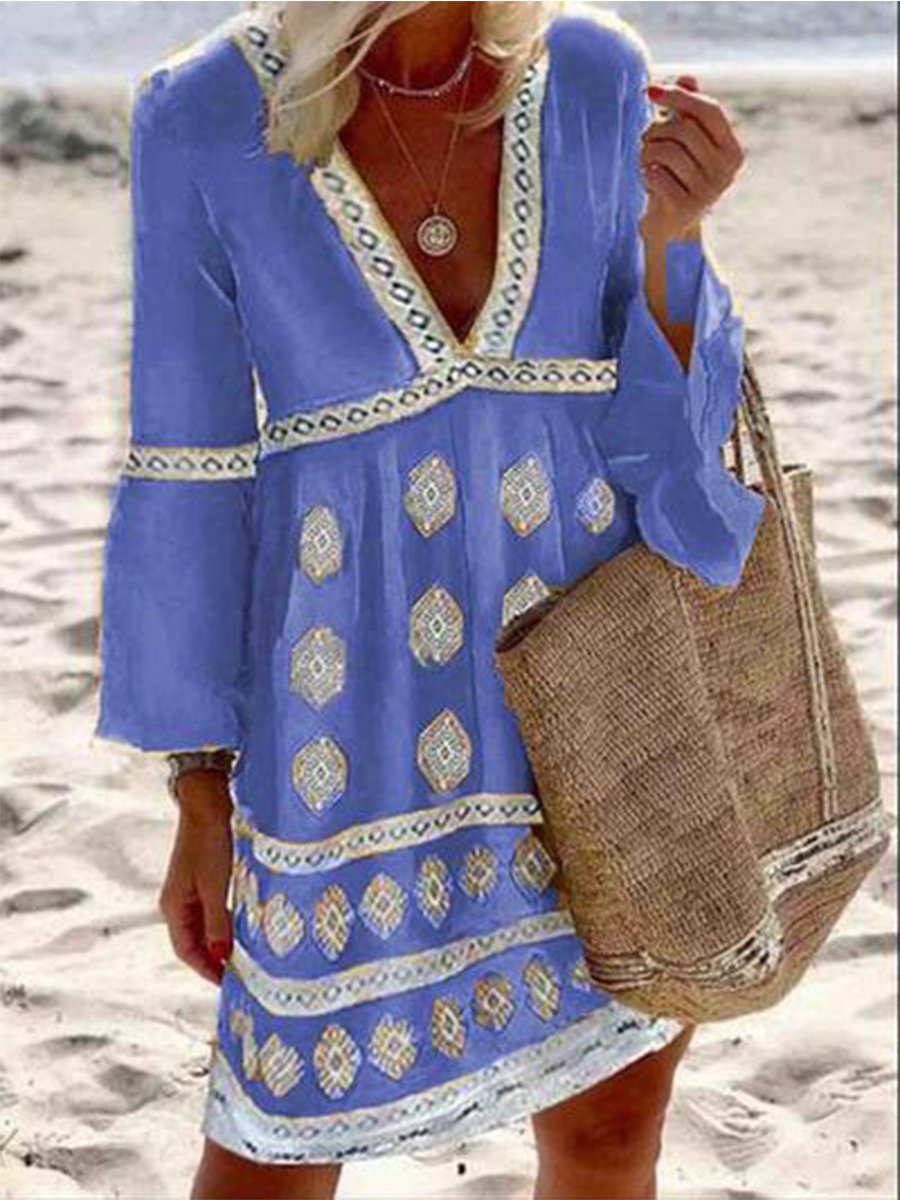 V-neck Flared Sleeve Boho Mini Dress