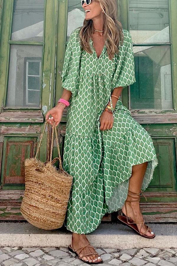 Printed V-neck Mid-sleeve Dress