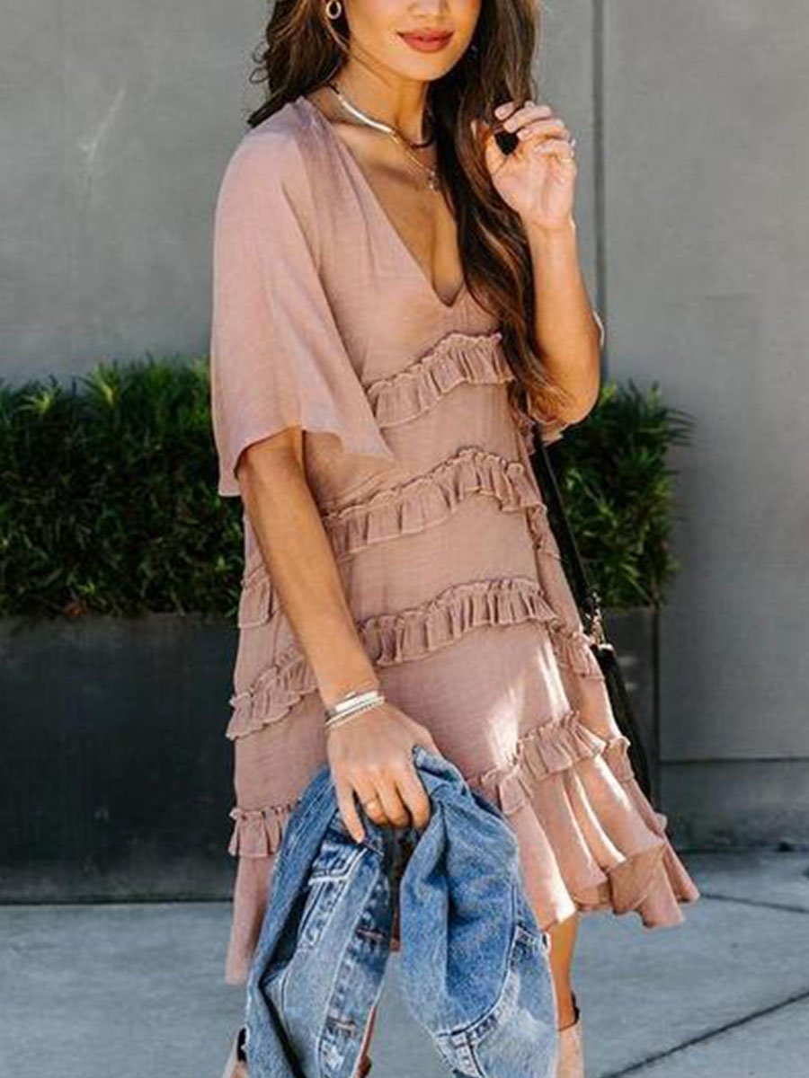 V-neck Half-sleeve Ruffle Mini Dress