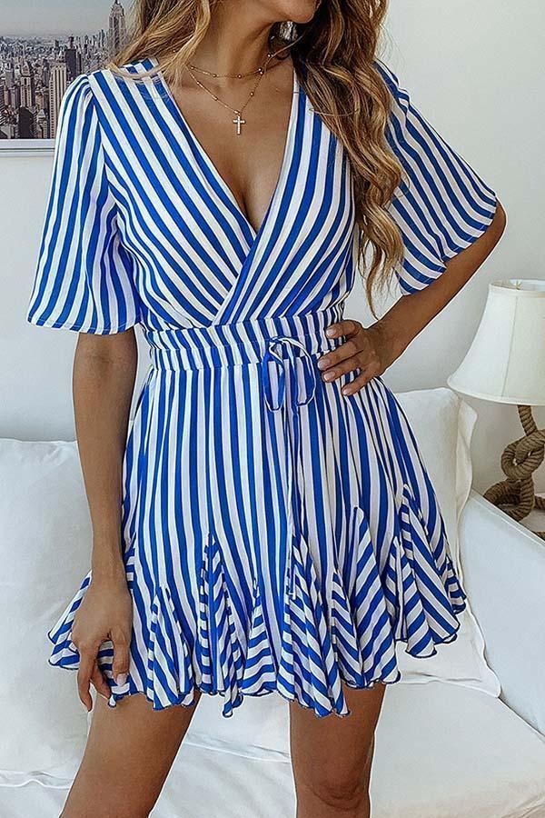Deep V-Neck Stripe Lace Short Sleeve Dress