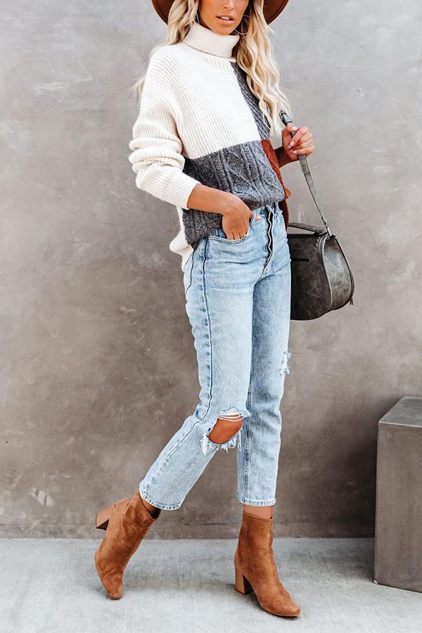 Loose High Neck Contrast Casual Sweater