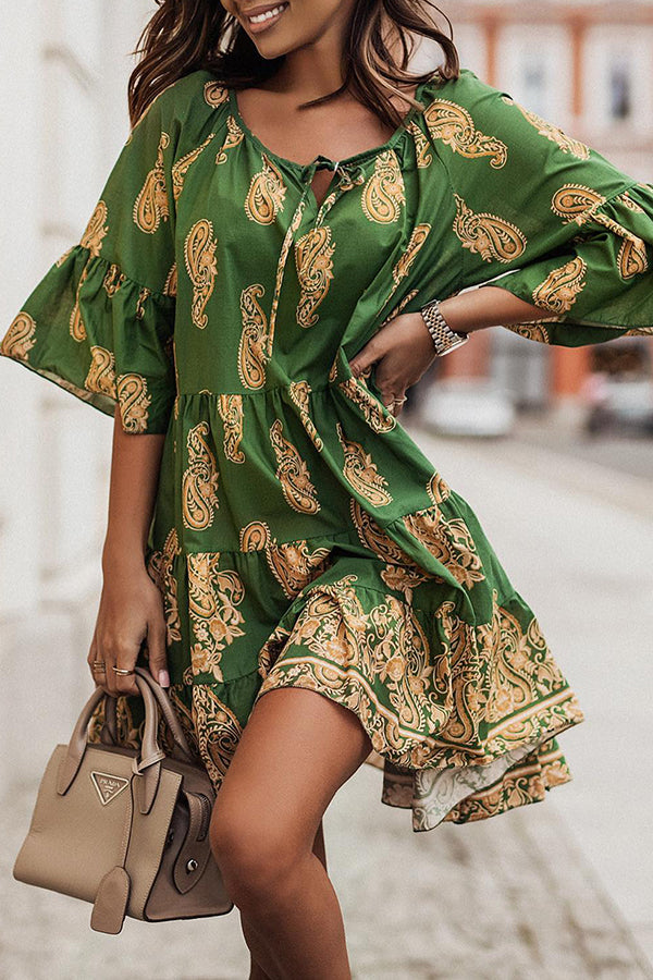 Ethnic Print Tie Mid Sleeve Mini Dress