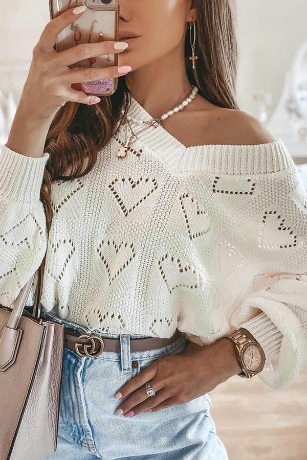 V-neck Heart-shaped Hollow Loose Knit Sweater