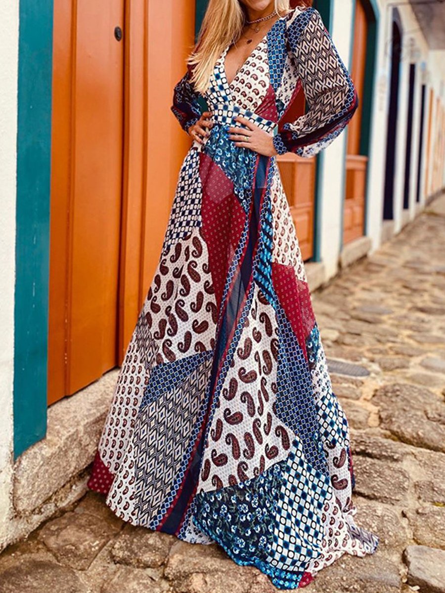 Medium Sleeve Dress With Back Print Bohemia Maxi Dress