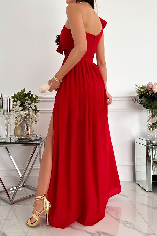 Sleeveless Off-Shoulder Ruffle Hem Slit Dress