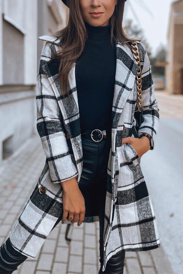 Double Row Button Checked Wool Coat