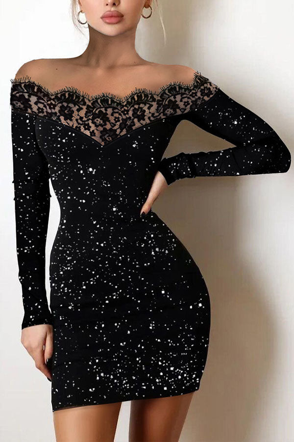 Janan Off Shoulder Contrast Lace Glitter Dress