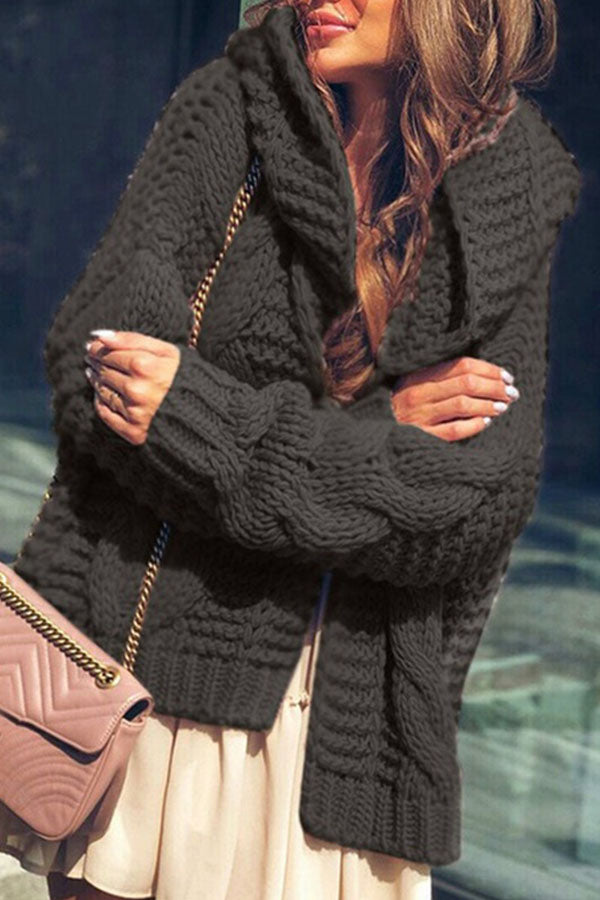 Solid Color Knitted Cardigan Hooded Jacket