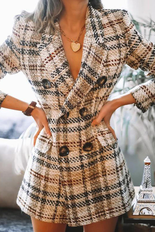 Double breasted printed Plaid Wool Coat