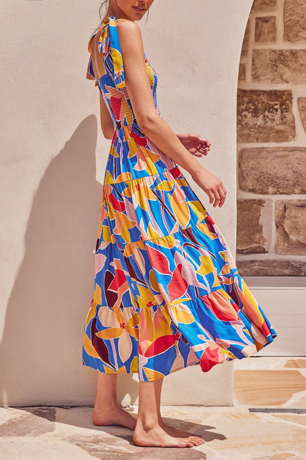 Fake Suspender Lace-up Printed Long Dress