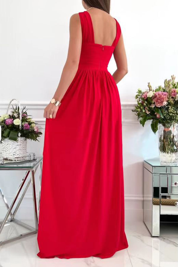 Elegant Sleeveless Halter Open Back Hem Slit Maxi Dress