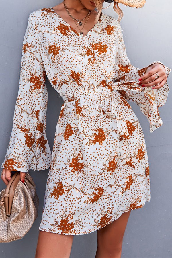 V-Neck Cross Flare Sleeves Printed Lace-Up Mini Dress
