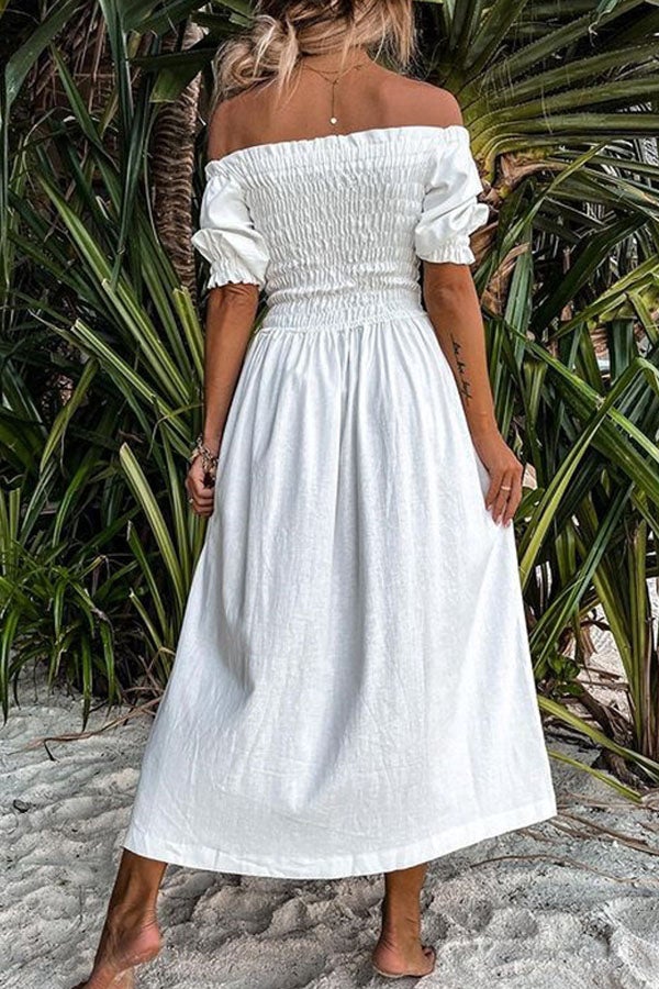 Forever After All Smocked Off Shoulder Slit Dress