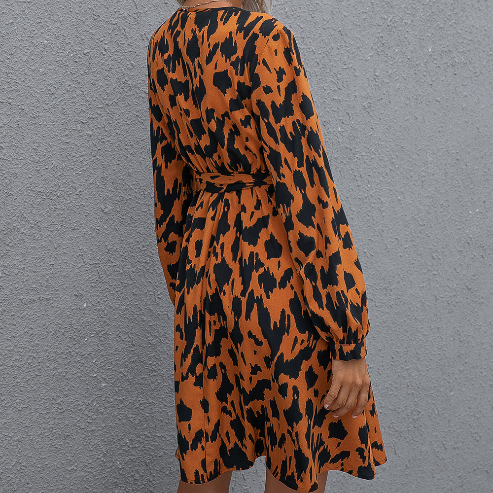 Leopard Print Lace-Up Crossover V-Neck Long Sleeve Dress