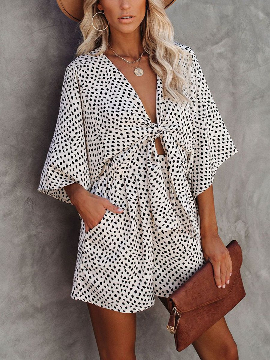 V-neck Leopard Print Batwing Sleeve Knotted Romper