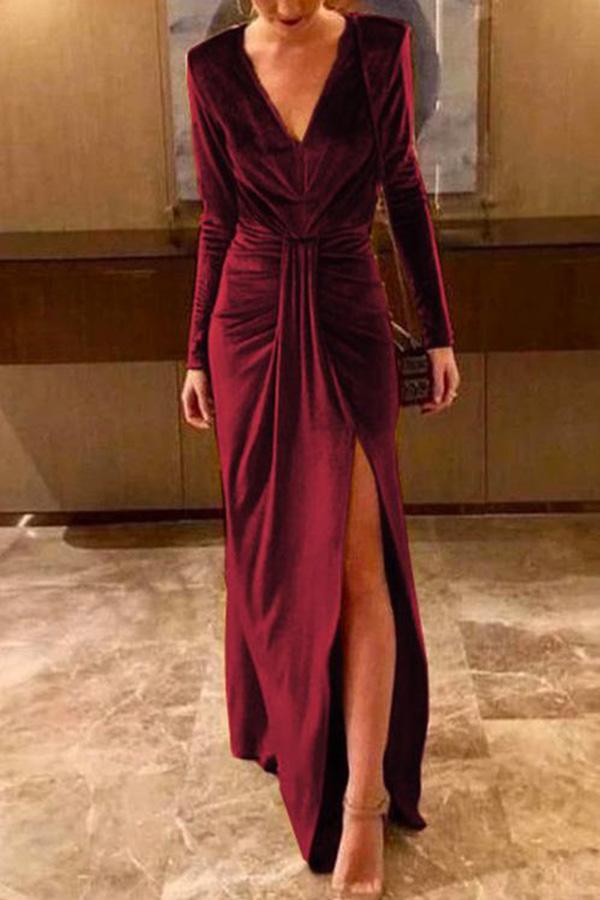 Deep V Neck Split Long Velvet Party Dress(5 Colors Available)