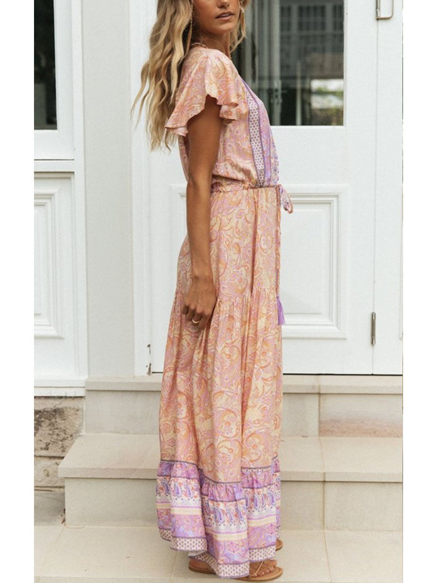 Women's Maxi Dresses Floral Short Sleeve A-line V Neck Button Belt Boho Daily Maxi Dress